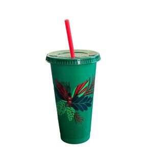 Starbucks 24oz Reusable Cold Cup With Straw Lid Holiday Christmas Green Pinecone